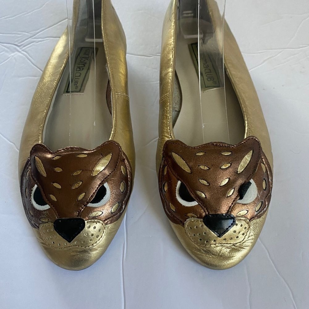 Karisma Club Ballet‎ Flats Womens 5.5M Gold Leather Leopard Cat Face Applique